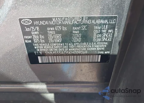 2019 Hyundai Santa Fe Sel z USA, uszkodzony, nr VIN 5NMS33AD5KH009069